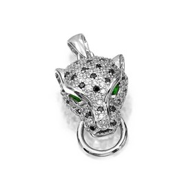 Estate Art Deco Style Animal Spotted Black White Cat Green Eye Cubic Zirconia CZ Panther Pendant Necklace for Women Silver Plated Brass