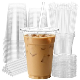 25 Pack 16 oz Clear Plastic Cups with Lids and Straws, Leak-Proof Disposable Iced Coffee Cups, BPA-Free PET Cold Drink Tumblers for Smoothie, Tea and Juice, Crystal Clear To Go Cups