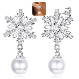 LOLIAS 925 Sterling Silver Snowflake Earrings for Women Christmas Snowflake Dangle Drop Stud Earrings Sparkling Pearl CZ Snowflake Hypoallergenic Earrings Christmas Jewelry Holiday Gifts A