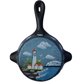 Amish Wares Black Iron Metal Skillet Wall Hanger Ashtray Miniture Decoration 4 7/8 X 6 1/4 X 7/8 Inch Bottom Painted with an Orange top Lighthouse with Clouds