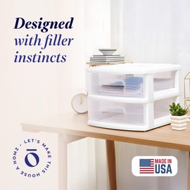 HOMZ 2-Pack 2-Drawer Storage Cart, Clear Plastic Drawers, 14.25" Wide Medium, White Frame - Organizing Drawer Containers for Home, Bathroom, Bedroom, Office, and Classroom