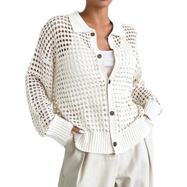 QWINEE Women's Cardigan Sweater Crochet Hollow Out Cardigan Long Sleeve Collar Neck Lightweight Sweater Button Front Knit Top White Large