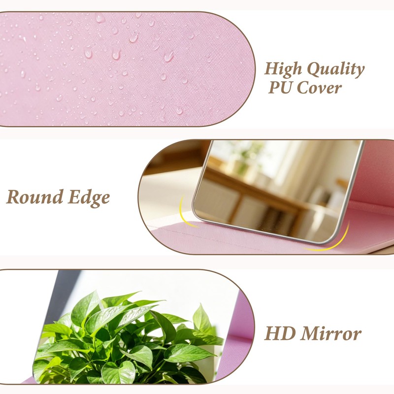 FINDCOZZIE Pink Folding Travel Mirror, 6x4 inches PU Portable Adjustable