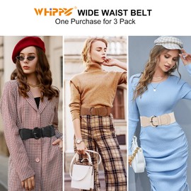 WHIPPY 3 Pack Women Wide Elastic Waist Belt Vintage Stretchy Belt Waistband for Ladies Dresses, Black/Brown/Beige, L