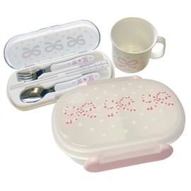 Lunch 3 Piece Set (Bento Box, 11.8 fl oz (350 ml), Cutlery Set, Heat Resistant Cup) (Flower Ribbon)