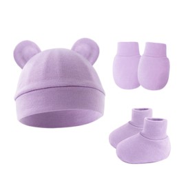 Hybursky Newborn Baby Beanie Hat and Gloves Socks 3 Pack Cotton Newborn Hospital Nursing Hats Accessories for Infant Boys Girls Unisex 0-6 Months(Purple)