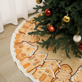 Motionchic 48 Inches Christmas Tree Skirt Gingerbread House Pattern Christmas Tree Mat Cookies Sugar Candy Ornaments Decorations for Holiday Party Decorations Indoor Outdoor