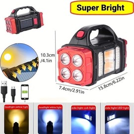 Solar Powered Handheld Flashlight, 8 Modes Spotlight with Usb Cable, Rechargeable Portable Led Searchlight for Outdoor Hunting Boating Camping Emergencies, Lamp, Christmas Gift - Color: Red, Specification: one size