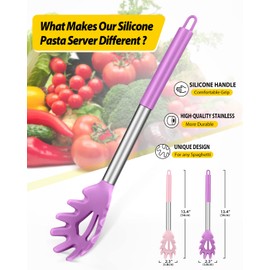 Pack of 2 Silicone Pasta Fork, Kitchen Heat Resistant Noodle Spoon Server, BPA Free Spaghetti Strainer, Best Cooking Tools (PINK-PURPLE)