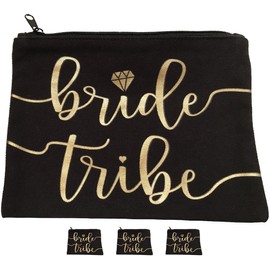 3pc Bride Tribe Makeup Bags - Bridesmaid Favor for Bachelorette Party, Bridal Shower, Wedding. Also great as Toiletry Bag, Wedding Survival Kit, Hangover Kit, Keepsake (3pc Pack, Black & Gold)