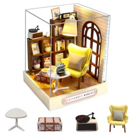 Wooden Dollhouse Kit, DIY Miniature House Kit with LED Light and Dustproof Cover, Dollhouse Model Kit for Decoration and Holiday Birthday Gifts for Adults and Kids (QT037)