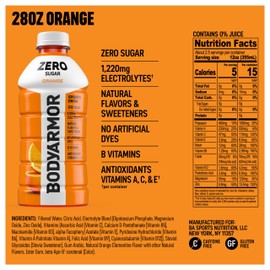 BODYARMOR ZERO Sugar Orange, Sugar Free Sports Drink - Low-Calorie Hydration - Natural Flavors with Potassium Packed Electrolytes, Antioxidants, and B-vitamins, 28 fl oz (Pack of 15)