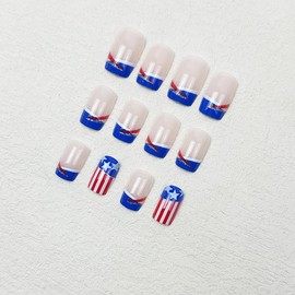 24Pcs 4th of July Press on Nails Short Square Independence Day Fake Nails with American Flag Design Blue French Tip Glue on False Nail Five-Pointed Star Artificial Stick on Nail for Women