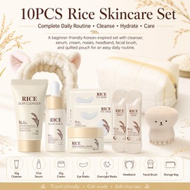 10PCS Rice Skincare Set for Women - Korean Skin Care Set with Rice Face Wash, Serum, Cream, Eye Mask, Travel Skincare Sets, Facial Skin Care Sets & Kits Smooth Skin