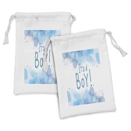 Ambesonne Gender Reveal Fabric Pouch Set of 2, Blue Tones Paint Drops Its a Boy Typography Happy Watercolor Illustration, Small Drawstring Bag for Toiletries Masks and Favors, 9" x 6", Multicolor