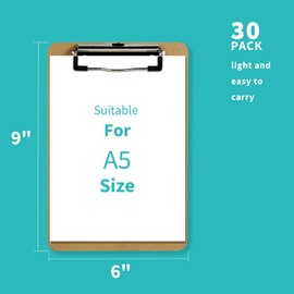 Binditek 30 Pack Mini Clipboards, Eco-Friendly Wood Hardboard with Low Profile Clip, 6 x 9 Inches Small Clipboards for Home, Office, School Classroom Supplies, Brown