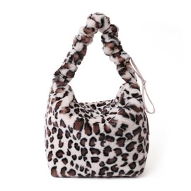 Jywmsc Women's Fluffy Leopard Print Plush Shoulder Bag Large Tote Handbag with Top Handle for Autumn and Winter, beige