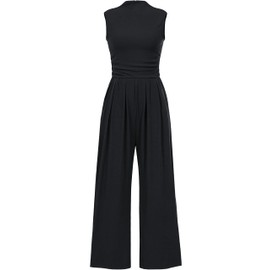 Tapata Women's Jumpsuits Dressy Casual One Piece Outfits Sleeveless Rompers Wide Leg Pants with Pockets, Tall, Black, Medium