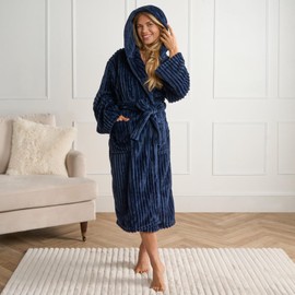 OHS Womens Ribbed Fleece Dressing Gown, Super Soft Warm Comfy Hooded Oversized Fleece Bath Robe with Pockets Luxurious Navy Dressing Gown For Adults, One Size