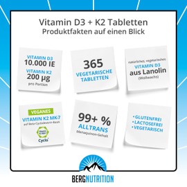 Berg Nutrition Berg Nutrition Vitamin D3 10.000 I.E + 200 µg K2 99+% ALL-Trans, 365 vegetarische Tabletten hochdosiert u. teilbar, Premium Vitamin D Tabletten, Vitamin D 3 und Vitamin K 2