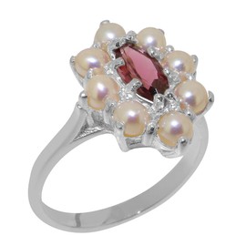 Solid Sterling Silver ring with Natural Pink Tourmaline & Cultured Pearl Womens Engagement Ring - Size 9.75