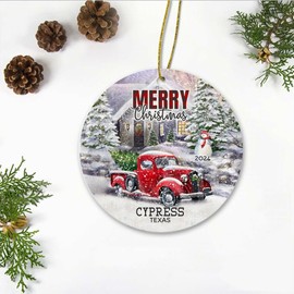 Red Truck Ornaments for Christmas Tree 2024 - Merry Christmas Decorations Home with Name City Cypress Texas Ornament - Our First Christmas Cypress TX Ornament 3" New Home