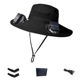 Wide Brim Sun Hats with 2 Solar Fan Outdoor Fishing Hat for Men Solar Powered Fan Hat Adjsutable 180°Rotating Cooling UPF 50+ Black