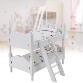 Dollhouse Bunk Bed, 1:12 Mini Dollhouse Bed, Miniature Simulated Wooden Bunk Bed, Furniture Model, Toy Accessories (White)