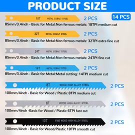 JIYIN U-Shank Jig Saw Blade Set, 14 PCS Jigsaw Blades with Storage Case for Wood Plastic Metal Cutting Jigsaw Blades Set Fit Vast Majority U Shank Jigsaws(6T 8T 10T 14T 18T 24T 32T)