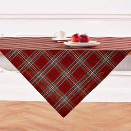 Solino Home Christmas Tablecloth 156" L x 60" W Inch – 100% Pure Linen Red Classic Tartan Plaid Tablecloth – Machine Washable Tablecloth for Indoor, Outdoor Decor