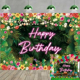 Hawaiian Birthday Backdrop 7x5FT Tropical Flowers Palm Leaves Birthday Party Background Aloha Happy Birthday Banner Decorations Photo Props (84x60 inch)