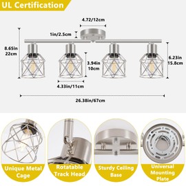 Baocuz 4-Light Kitchen Lighting Fixtures, Adjustable Multi-Directional Brushed Nickel Track Ceiling Light, Semi Flush Mount Ceiling Spotlight with Wire Cages for Living Room, Bedroom, Hallway