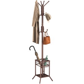 ELYKEN Coat Rack Freestanding, Metal Coat Rack Stand with Umbrella Holder, Modern Coat Tree with 12 Hooks, Floor Standing Corner Hall Tree for Entryway Living Room Bedroom Office, Brown