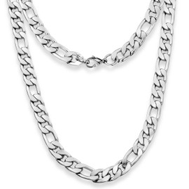Silvadore 9mm FIGARO Mens Silver Chain Necklace - Chunky Super Strong Stainless Steel Links - Thick Heavy Cuban Curb Hip Hop Jewellery - 61cm / 24 inch