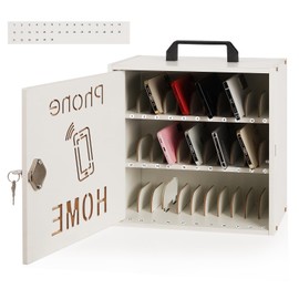 Echaprey Cell Phone Holder Classroom Adjustable 33 Slots Pocket Chart Wooden Cell Phone Storage Cabinet with Handle and Lock Desktop Cell Phone Holder for Classroom Office (White)