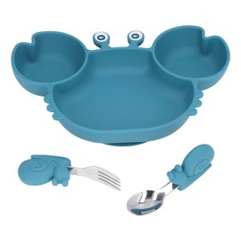 3pcs Toddler Divided Plate Set Silicone Baby Suction Plate Anti Slip BPA Free with Spoon Fork for Kids Blue