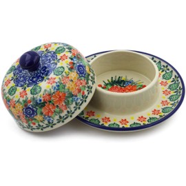 Polish Pottery 5¾-inch Dish with Cover made by Ceramika Artystyczna (Red Bouquet Theme) Signature UNIKAT + Certificate of Authenticity