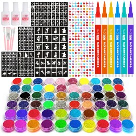 FACEGEM LONDON Ultimate 60 Colour Glitter Tattoo Kit, 60 Colour Glitter Tattoos, 200+ Stencils, 1000+ Rhinestones, Glitter Tattoos, Festival and Party Set (including 20 neon glitters)