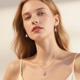 EVEVIC Austrian Crystals Baroque Pendant Necklace Earrings for Women 14K Gold Plated Hypoallergenic Leverback Drop Dangle Earrings Jewelry Set (Pink)