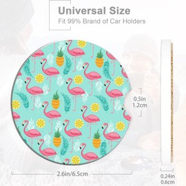 Pink Flamingo Car Cup Holder Coaster,Summer Pineapples Leaves Car Coasters for Cup Holder,2 PCS Absorbent Insert Ceramic Car Assecories with Cork Back & Finger Notch for Women Men