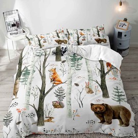 VIVIHOME 2PCS Woodland Animals Duvet Cover, Twin Bedding, White Duvet Cover, Boys Girls Kids Bedding, Cartoon Wildlife Bear Deer Fox Wolf Rabbit Rustic Cabin Lodge Quilt Comforter Cover, 1 Pillowcase