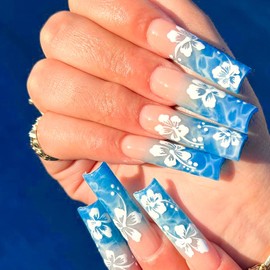 Press on Nails Coffin Long French 24Pcs Glossy Full Cover Acrylic Square Blue False Nails with White Floral Designs Artificial Ballerina Fake Nails with Glue Stick on Fingernails for Women Girls