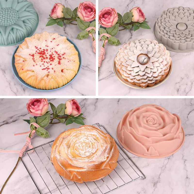 Sakolla 3 Pack Flower Shape Silicone Cake Molds, Large Round