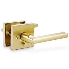 Linkaa Brass Gold Privacy Lever Door Handle Interior Levers, Keyless Door Lock with Adjustable Latch and Screws, Easy Install，Fit Standard Door (Pivacy，Push Button Lock，Satin Brass，1 Pack