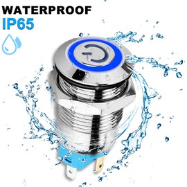 Gebildet 2pcs 0.47"/12mm Stainless Steel Self-Locking Latching Push Button Switch 12V-24V 3A Power Symbol LED Normally Open SPST ON Off Waterproof Toggle Switch with Wire Socket Plug (Blue+Red)
