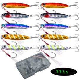 Goture Fishing Jigs 20g 10 Pcs, Vertical Jig Saltwater Freshwater, Jig Fishing Lures with Assist Hook and Treble Hook, Fishing Jigging Spoon Lures with Tackle Box, Fishing Jig for Tuna, Salmon, Bass