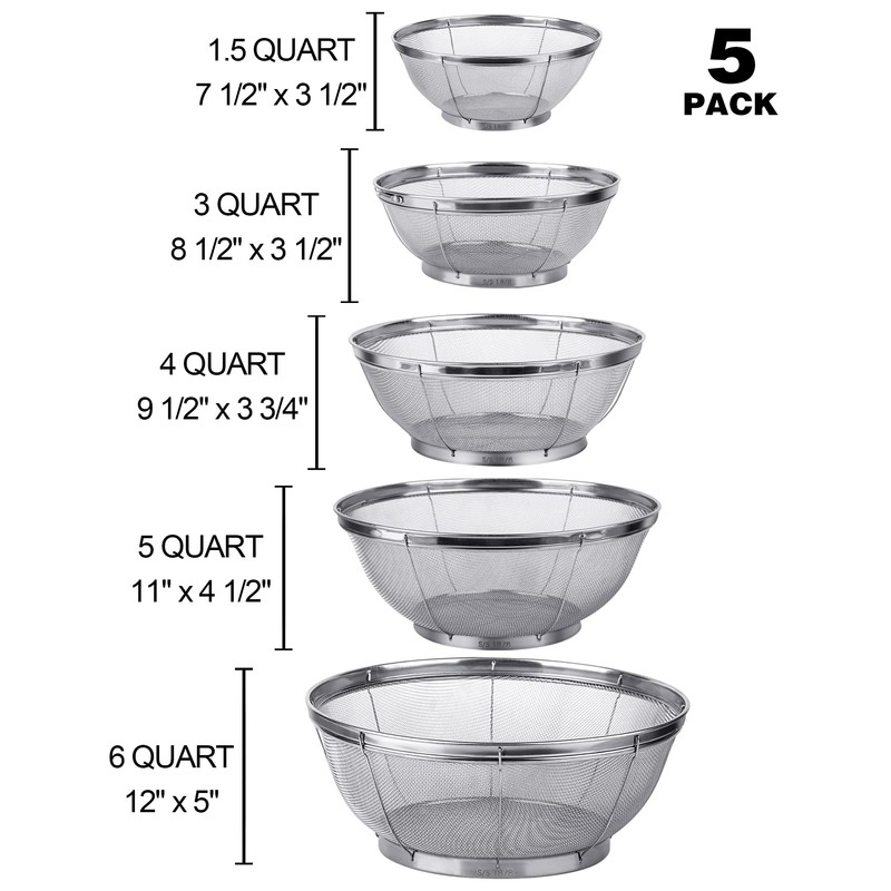 5 Pack Strainers for Kitchen, 18/8 Stainless Steel Colander, Fine