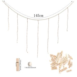 Hanging Photo Display,30 Clips Wooden Bead Photo Wall Display,Boho Garland with Twine Tassels for Dorm Decor, Easy Installation & Foldable Storage, Hanging Photo Display for Home & Office