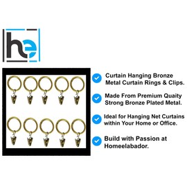 HomeElabador®10 X 30mm Antique Gold colour Strong Metal Curtain Rings With Clips for Hanging Curtain Pole Rod voile Net Rings
