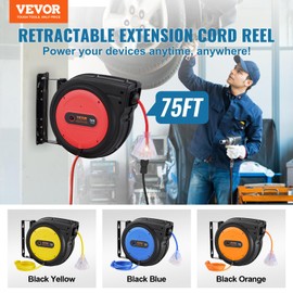 VEVOR 75FT Retractable Extension Cord Reel, 14AWG/3C SJTOW Heavy Duty Power Cord w/Lighted Electrical Triple Tap Outlets, 13A Circuit Breaker,180° Swivel Bracket for Workshop or Garage, Red